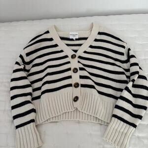 Willow & Wind Black and Cream Striped Cropped Cardigan - Size M. 100% Cotton